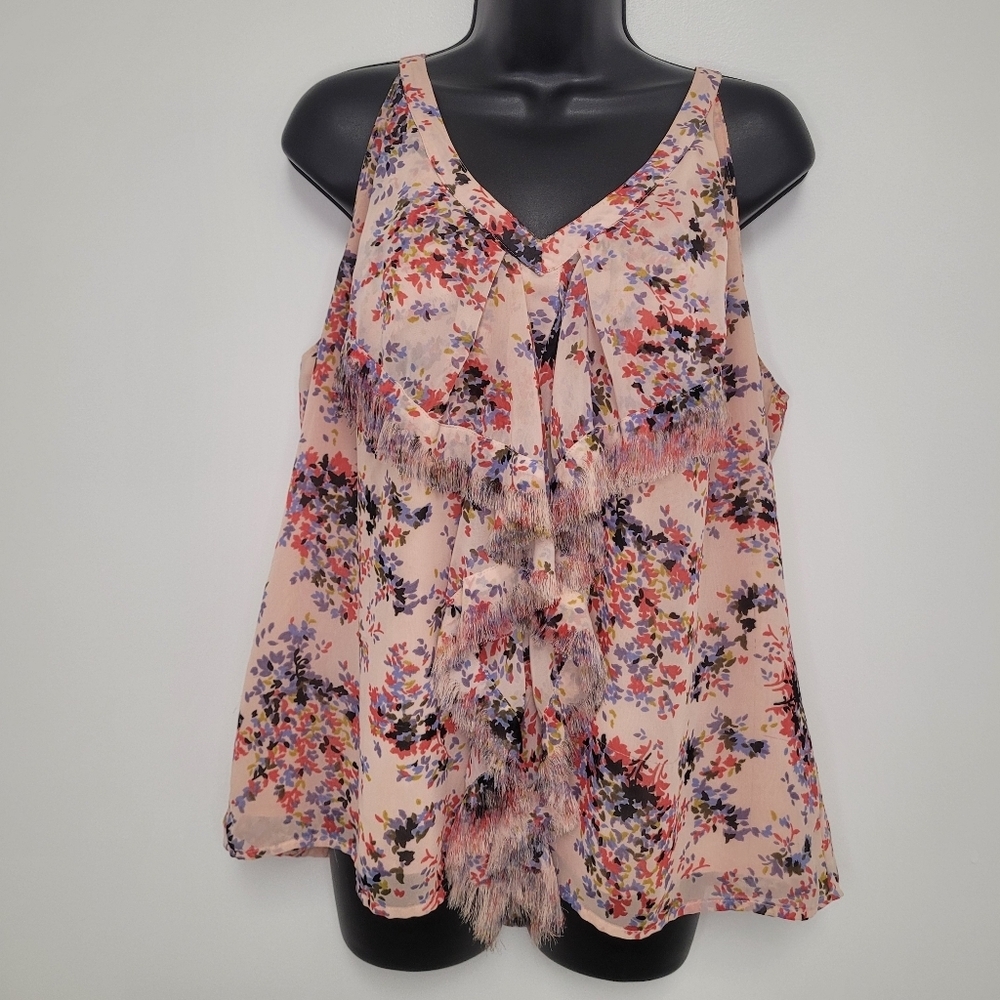 Elle Multicolor Floral Fringe Sleeveless Blouse sz XL